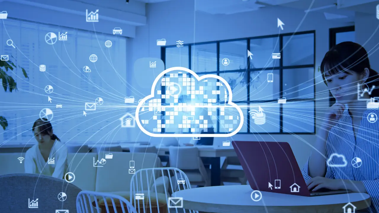 Cloud computing and Kubernetes container orchestration concept with microservices architecture and DevOps automation in a modern office environment