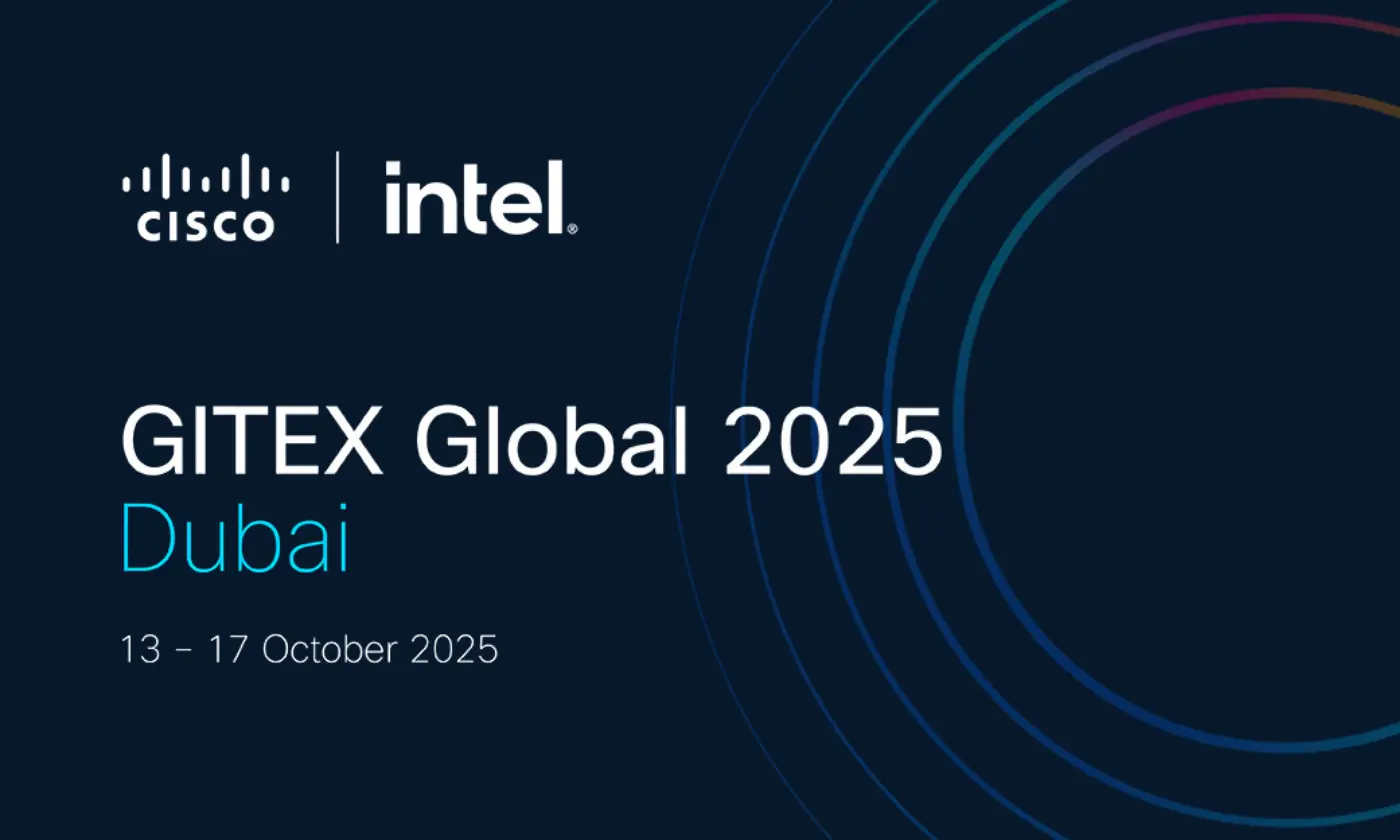 GITEX Global 2025 event banner featuring Cisco and Intel logos, taking place in Dubai from October 13-17, 2025.