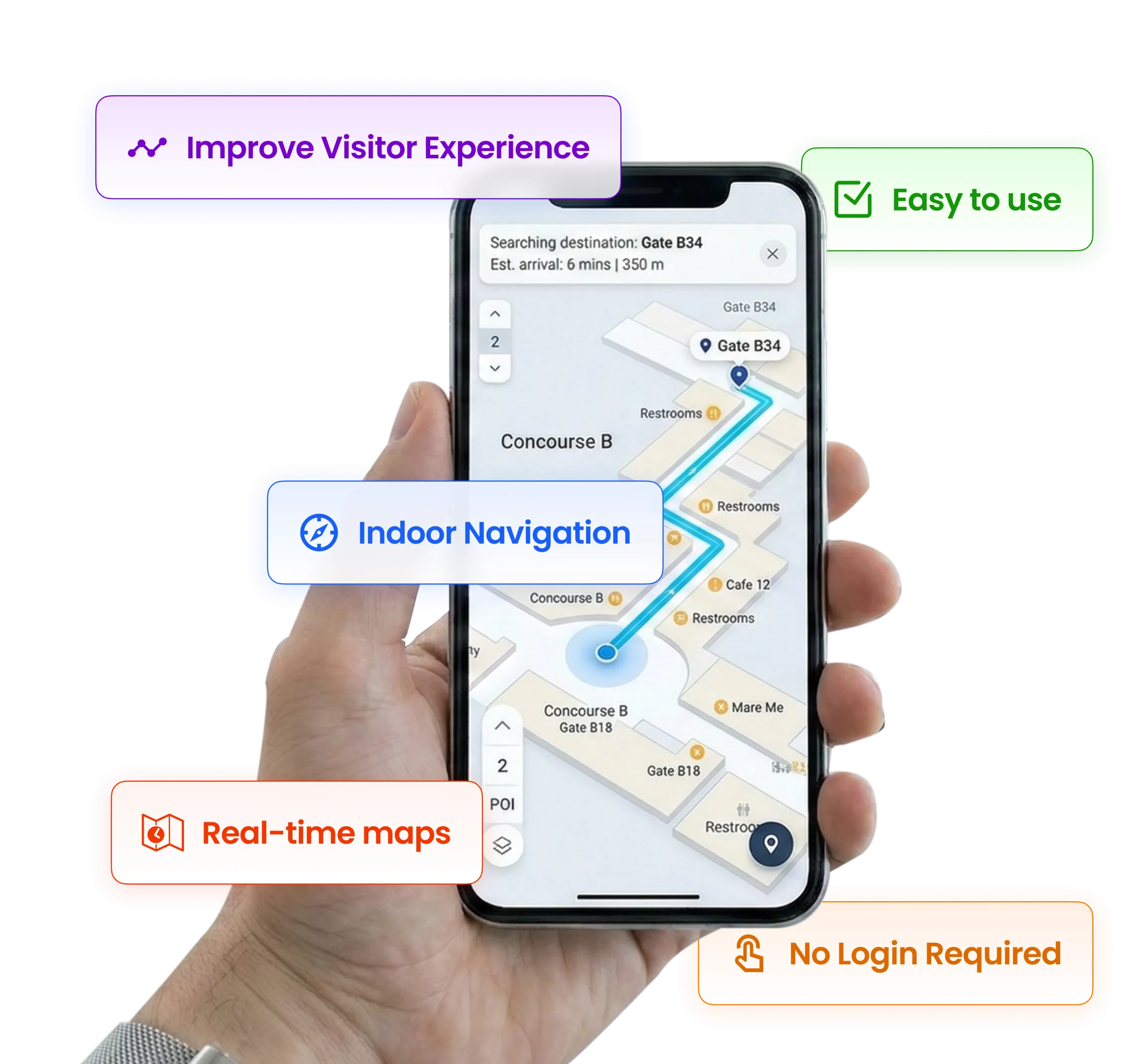 Indoor wayfinding solution showing real-time navigation on a smartphone to help visitors find locations easily.